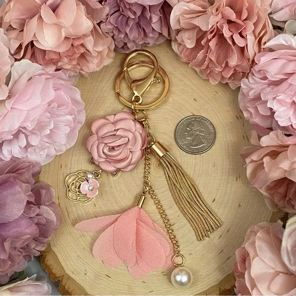 Pink Flower Gold Fringe Pearl Keychain Charm - Picture 12 of 13